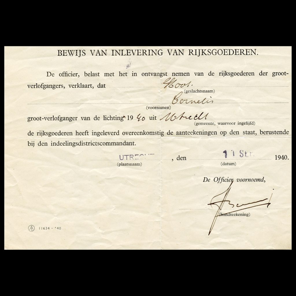 Bewijs van inleveren Rijksgoederen 1940